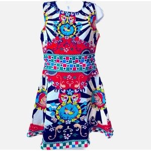 Women’s fit and flare, colorful dress.